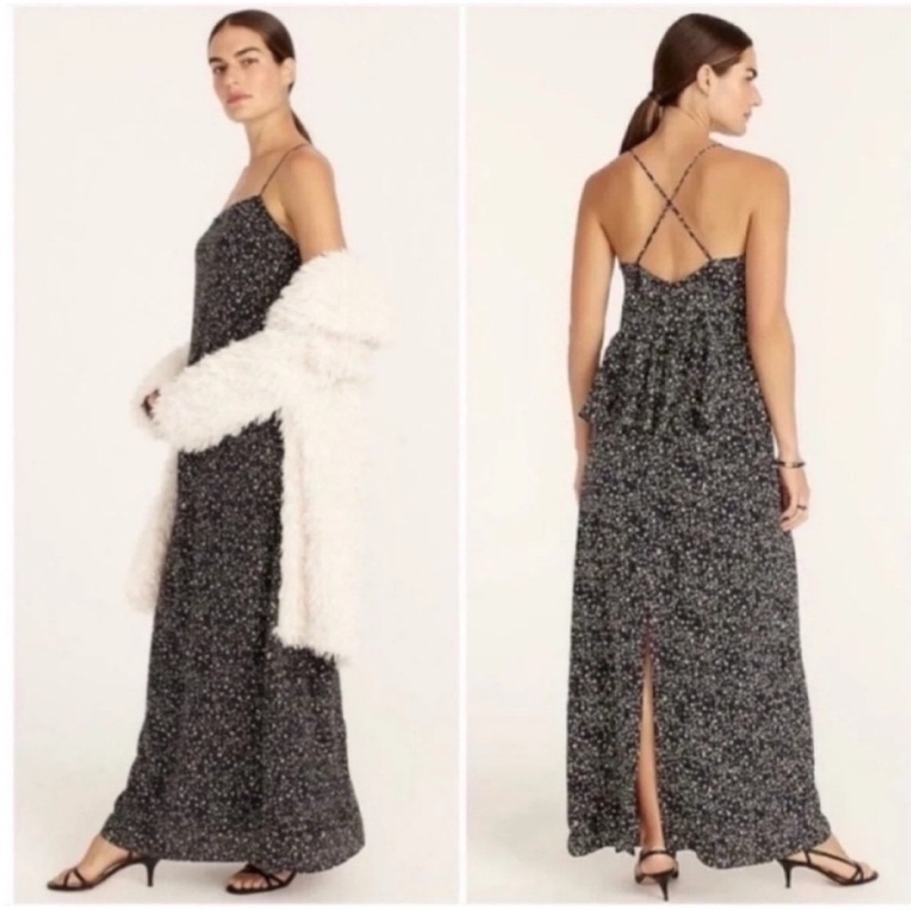 J. Crew Ruffle Back Silk Maxi Slip Dress Starry Sky NWT